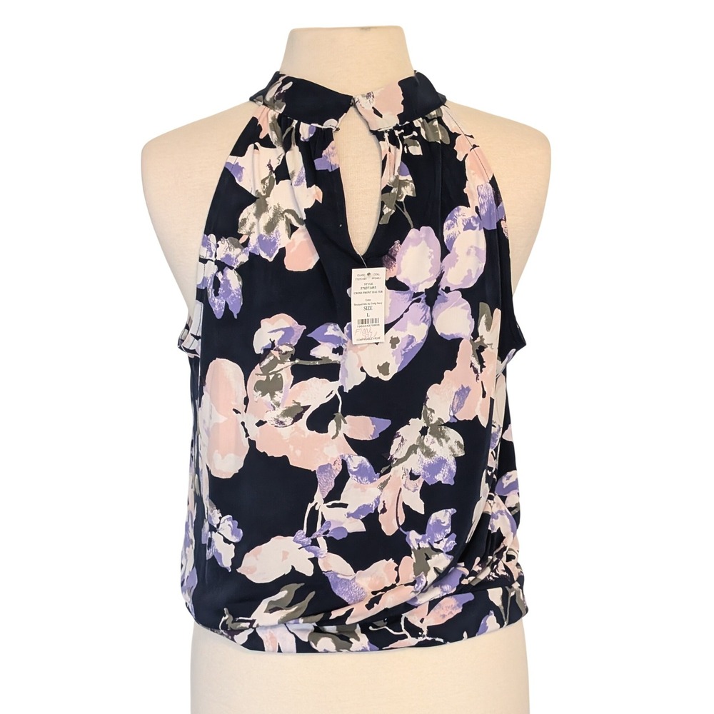 WHBM Floral Halter Blouse Keyhole Neck Banded Hem L Feminine Boho Office Blouson - Picture 5 of 13